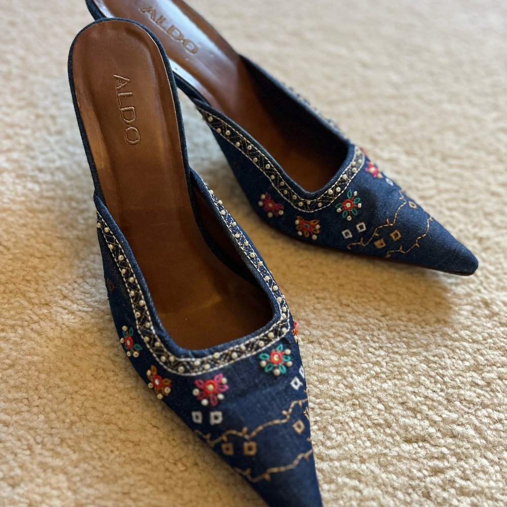 Beaded & Embroidered Denim Mules